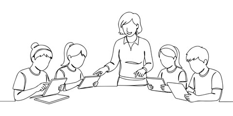 A single continuous line of a teacher using a tablet with students, symbolizing the adaptation of technology in the education sector, vector illustrator
