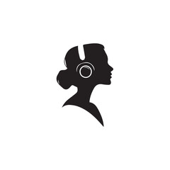 Black Vector Illustration of Woman Wearing Headphone in Clean Minimal Style on White Background