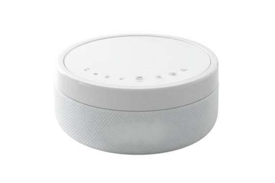 Modern white smart home device, wireless router, mesh wifi point, internet hub, networking equipment, technology isolated on transparent background