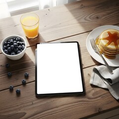 Breakfast Table with Tablet Mockup, Pancakes, Blueberries, and Juice