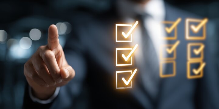 Business professional pointing at floating 3D checklist with glowing yellow checkmark and check symbol. Modern corporate office. Clean and realistic lighting.