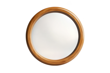 Round mirror with wooden frame, wall decor, home interior design element, reflection surface, circle shape, furniture, isolated on transparent background