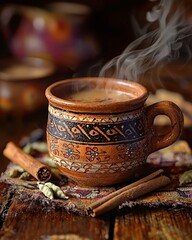 A steaming cup of chai tea served in a traditional clay cup with spices like cinnamon and cardamom scattered nearby
