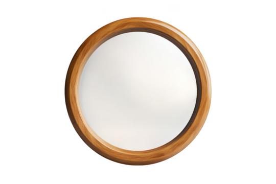Round mirror with wooden frame, wall decor, home interior design element, reflection surface, circle shape, furniture, isolated on transparent background