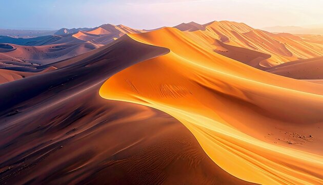 Vast desert landscape with rolling sand dunes sculpted by wind, illuminated by warm sunlight. - Powered by Adobe