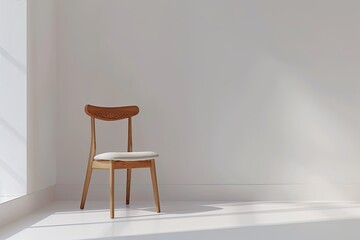 Minimalist wooden chair in a bright white room with natural light, modern Scandinavian interior design, clean and simple aesthetic.