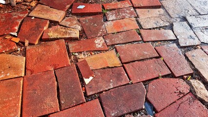 Damaged Red Brick Pavement with Broken Tiles, Broken walkway