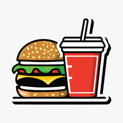 Fast food icon vector illustration of a tasty hamburger meal with a soda drink and fries