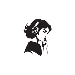 Black Vector Illustration of Woman Wearing Headphone in Clean Minimal Style on White Background