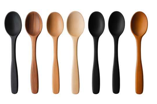 Variety of wooden spoons collection, cooking utensils in different wood tones, kitchenware, dining, restaurant, cafe, food isolated on transparent background - Powered by Adobe