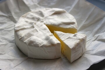 A camembert wheel with a triangular slice pulled out shows its creamy interior and textured rind. Clean culinary image for recipes, ads and menus.
