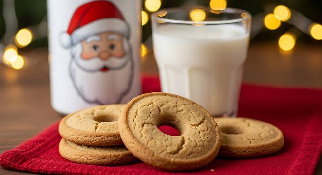 Cookies and milk for santa with santa mug and red napkin on a wooden table with christmas lights