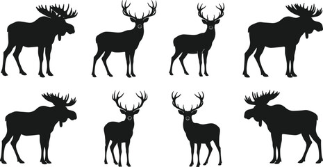Set of black silhouettes of deer and moose with large antlers, wild forest animals vector illustration, isolated on white background.