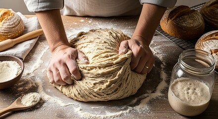 Artisan hands kneading fresh sourdough bread dough on a rustic wood table.