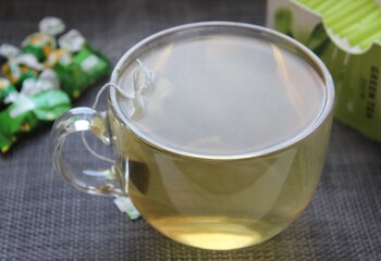 Top View of Green Tea in Clear Cup with Tea Sachets