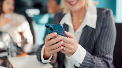 Business woman, hands or typing with mobile in meeting, review agenda or research info for board gathering. Online resources, digital programme or manager prepare for workshop, multitasking or person