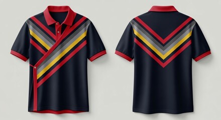 Realistic men's polo shirt mockup featuring dynamic chevron V-shape stripe graphic in red, yellow, and grey on a navy blue base showing front and back view.