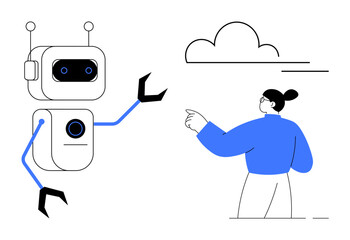 Robot extending arm towards person pointing at cloud symbol, symbolizing teamwork, innovation, and future tech. Ideal for AI, cloud computing, collaboration, education, automation robotics