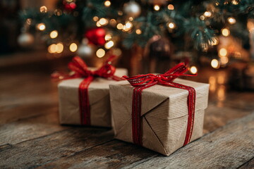 Christmas gifts wrapped in kraft paper with red ribbons sit on a festive table, glowing in warm holiday lights. The soft bokeh in the background adds a magical seasonal atmosphere and charm.