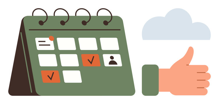 Green desk calendar highlighting completed tasks with checkmarks, orange accents, cloud icon, and thumbs-up gesture. Ideal for planning, scheduling, organization, success, productivity reminders