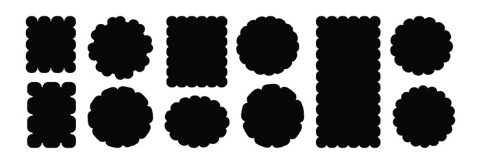 Collection of Zigzag wavy shape frames. Scallop Frame Wavy Retro Stickers . Geometric shapes with scallop and zigzag edges set.  Borders Tag Boxes. Vector illustration