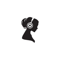 Black Vector Illustration of Woman Wearing Headphone in Clean Minimal Style on White Background