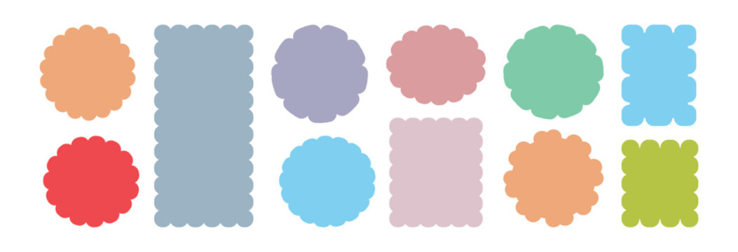 Colorful Geometric shapes with scallop and zigzag edges set. Isolated elements for design of text box, badge, Zig zag edge circle, square, rectangle, round shape collection.