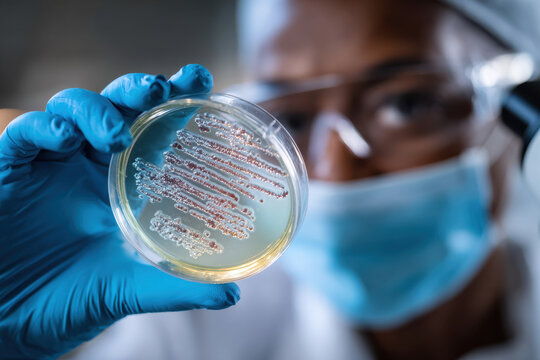Scientist observing bacteria growth in petri dish