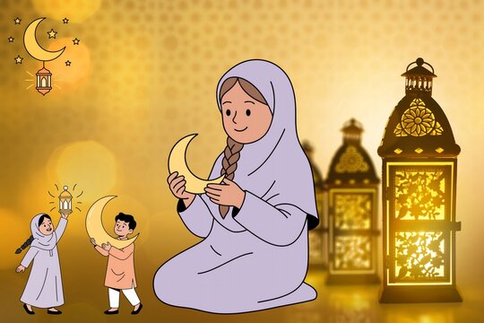 Woman holding crescent moon with children and lanterns ramadan islam