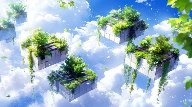 Rectangular structures covered in vibrant green plants and trees float serenely amidst a sky filled with soft clouds.