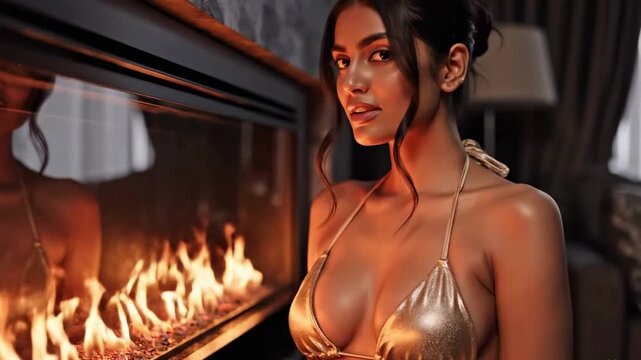women in micro bikini - Young woman in a shimmering gold bikini gazes into a modern fireplace, her reflection glowing in the glass as warm flames cast intimate light across a luxurious interior