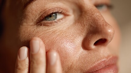 A close-up of a woman's face, highlighting her skin texture and expression, portraying emotions of care and self-reflection.