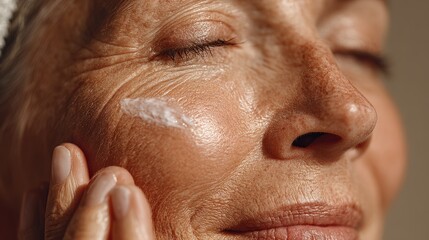 A woman applying moisturizer to her face, enjoying a moment of self-care and rejuvenation. Emphasis on natural beauty and skincare routine.