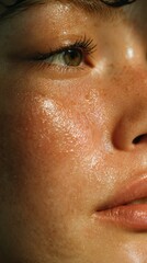 Close-up portrait showcasing natural skin texture, highlighting freckles and glowing features, perfect for wellness and beauty themes.