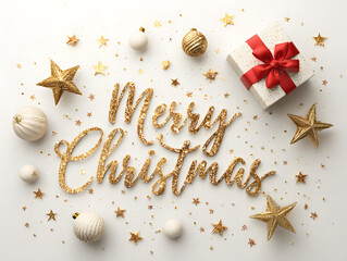 Golden merry christmas message with gift and star ornaments isolated on white background