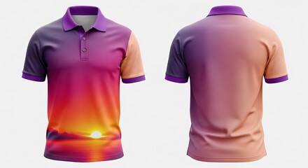 Digital sublimation polo t-shirt mockup, vibrant photo realistic ocean sunset view pattern design, blending orange pink and purple gradient, stylish summer vacation apparel.