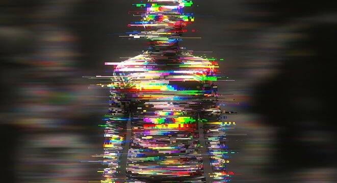 The fragmentation of digital identity shown through a distorted human silhouette with glitch effects