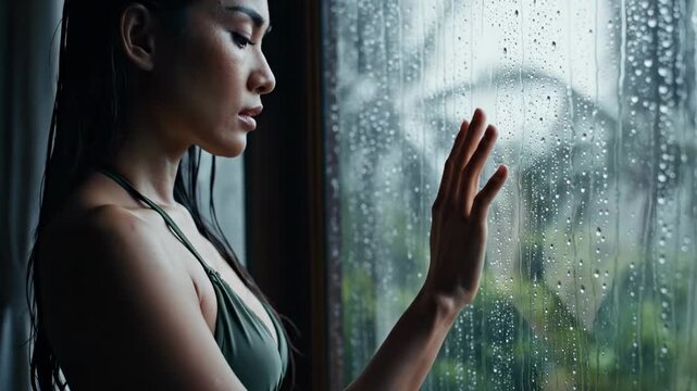 women in micro bikini - A contemplative woman presses her hand to a rain-speckled window, gazing into blurred greenery beyond as soft light outlines her profile in a quiet, introspective moment