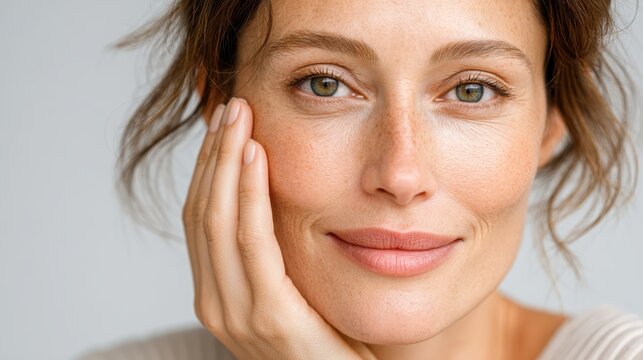 A close-up portrait of a smiling woman with natural beauty, showcasing healthy skin and an inviting expression on a neutral background.