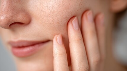 Close-up of a woman gently touching her skin, showcasing natural beauty and skincare routine.