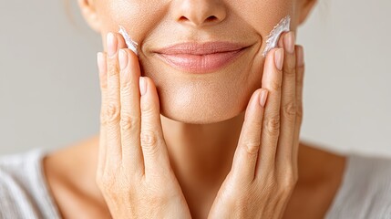A woman applies moisturizer to her face, showcasing a skincare routine that promotes healthy and radiant skin.