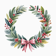 Festive Christmas wreath with berries pine and a pink bow holiday decoration