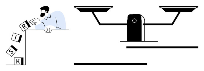 Man tipping risk block letters into freefall alongside balance scale denoting judgment and outcomes. Ideal for risk management, decision-making, evaluation, weighing options, problem-solving