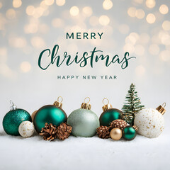 Festive christmas ornaments and pine cones with merry christmas greeting card