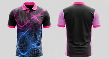 Digital sublimation polo t-shirt mockup, futuristic neon glowing wave lines and digital mesh grid pattern design, stylish esports gaming athletic team apparel template.