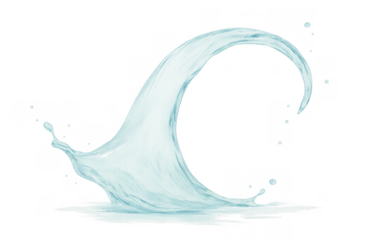 Water splash liquid forming dynamic arc shape with droplets, motion drawing, clean refreshing aqua element animation