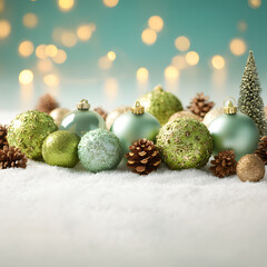 Festive christmas ornaments and pine cones on snow with bokeh lights background