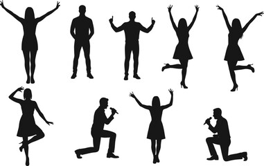 Human silhouette, expressive pose, dance motion, microphone gesture, standing figure, kneeling stance, black outline, white background, celebration, performance