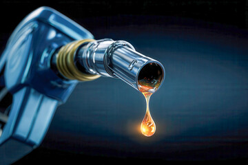 Metal fuel nozzle with a glowing amber droplet symbolizing energy efficiency and the importance of sustainable fuel consumption in modern industries