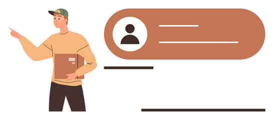 Courier in cap holding a package while gesturing, accompanied by a notification interface design displaying user profile details. Ideal for delivery tracking, logistics, user profiles, communication